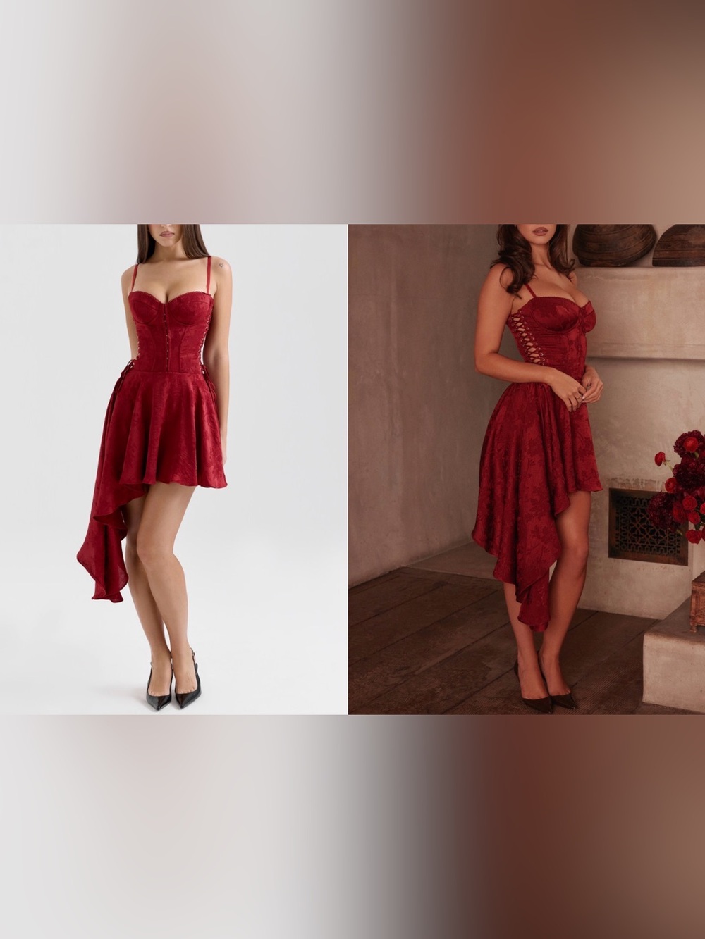 House of CB “Lola” Wine Asymmetric Satin Draped Mini Dress